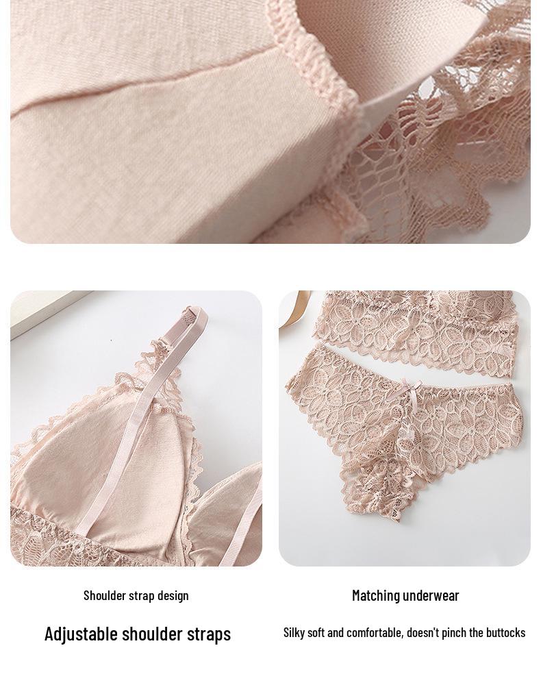 Lace Wire-Free Bra Set: Seamless, Anti-Sagging Triangle Cup Lingerie for Women with Small Busts