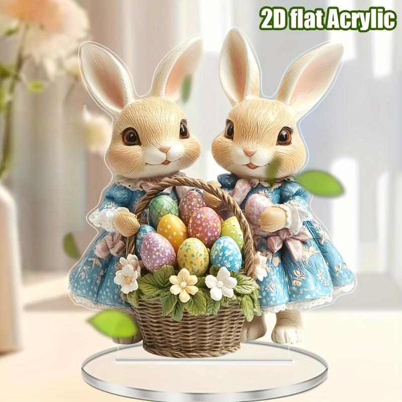 2D Flat Print Style Easter Bunny Acrylic Decor Sign, Colored Egg Basket Design, Suitable for Wall Decoration, Porch, Room, Villa, Accents Home, Hallwa
