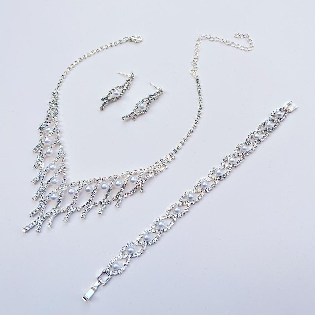 Jewelry Set Women, Rhinestones Bridal Neck Chain Crown Bracelet Bracelet Teardrop Pendant Earrings, Pearl Wedding Party