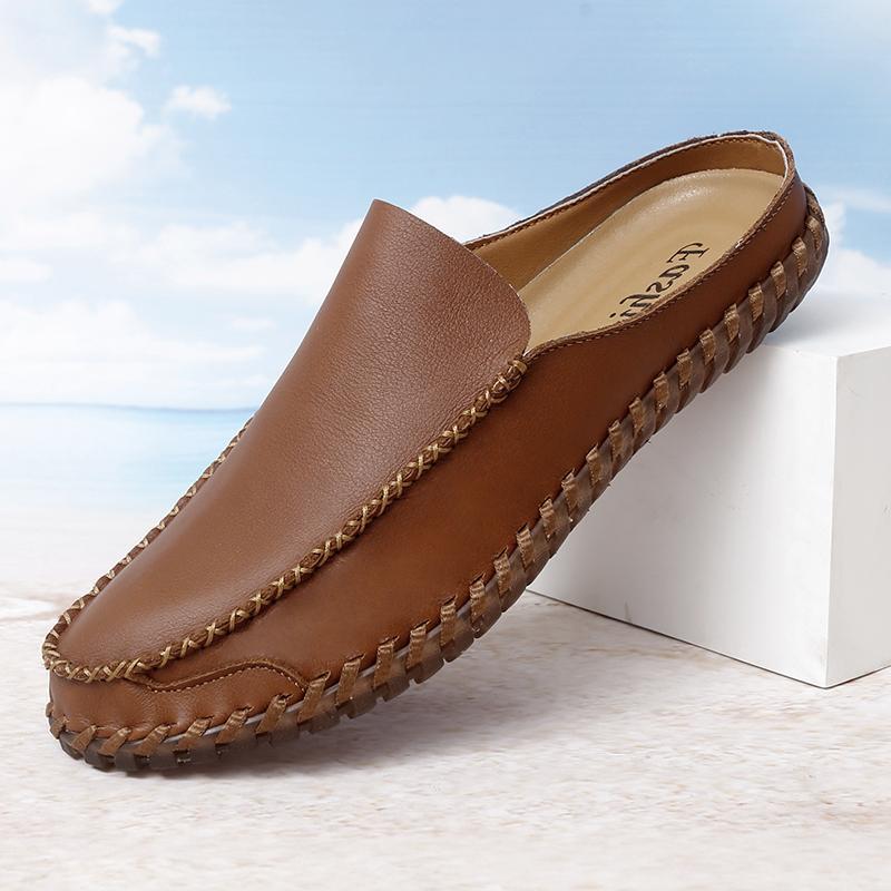 Large Size Men's Slippers Wear Half Slippers Outside, First Layer Leather, Summer Breathable Fashion Trendy Shoes Bag Head Casual Shoes