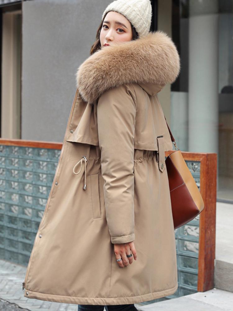 Elegant Women's Mid-Length Parka Jacket - Plus Size,Solid Color, Hooded, Polyester Material, Thickened Winter Coat with Drawstring Detail