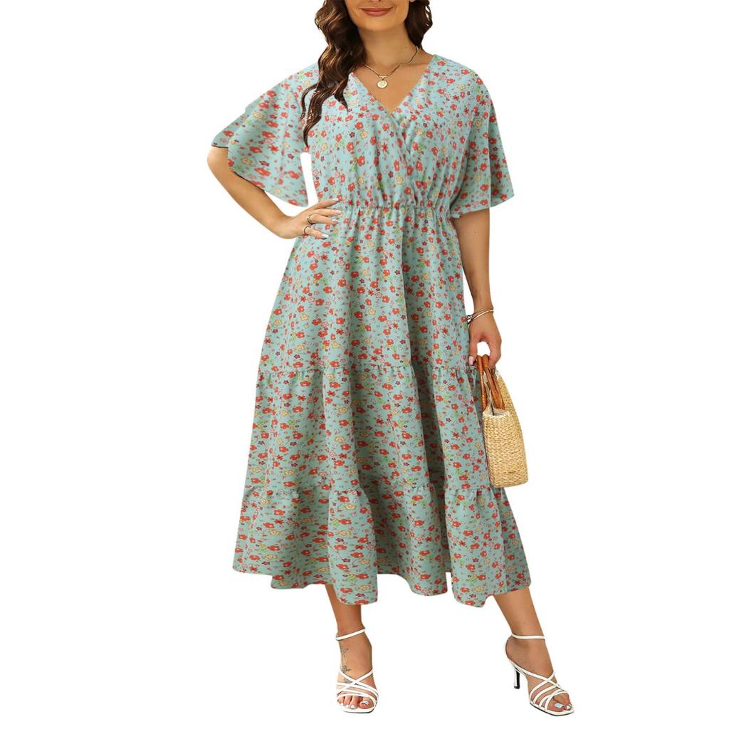 Plus Size Women's Floral V Neck Flare Short Sleeve Midi Dress Casual Waist Cinching Slimming Dress With Pocket