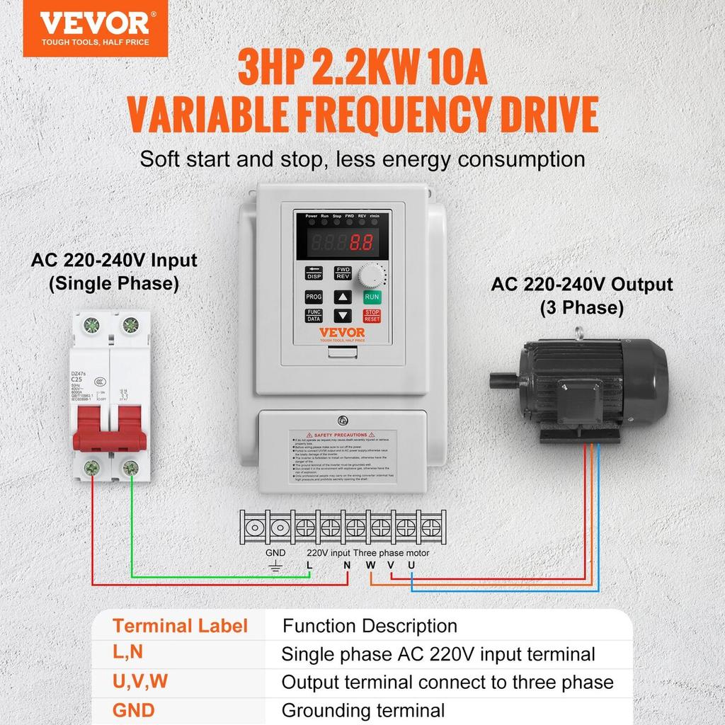 VFD 2,2 kW 10 A 3 PS Frequenzumrichter zur Drehzahlregelung von Drehstrommotoren