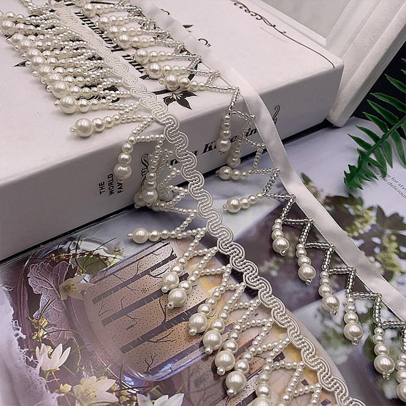2 Yard Imitation Pearl Bead Pendant Tassel Fringe Lace Trim Diy Upholstery Wedding Dress Costume Edging Lace Ribbon Decor Carfts