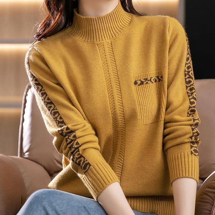 Half Turtleneck Warm Sweater for Women Short Solid-color Loose Knitted Sweater for Autumn and Winter Casual Long-sleeved Pullover
