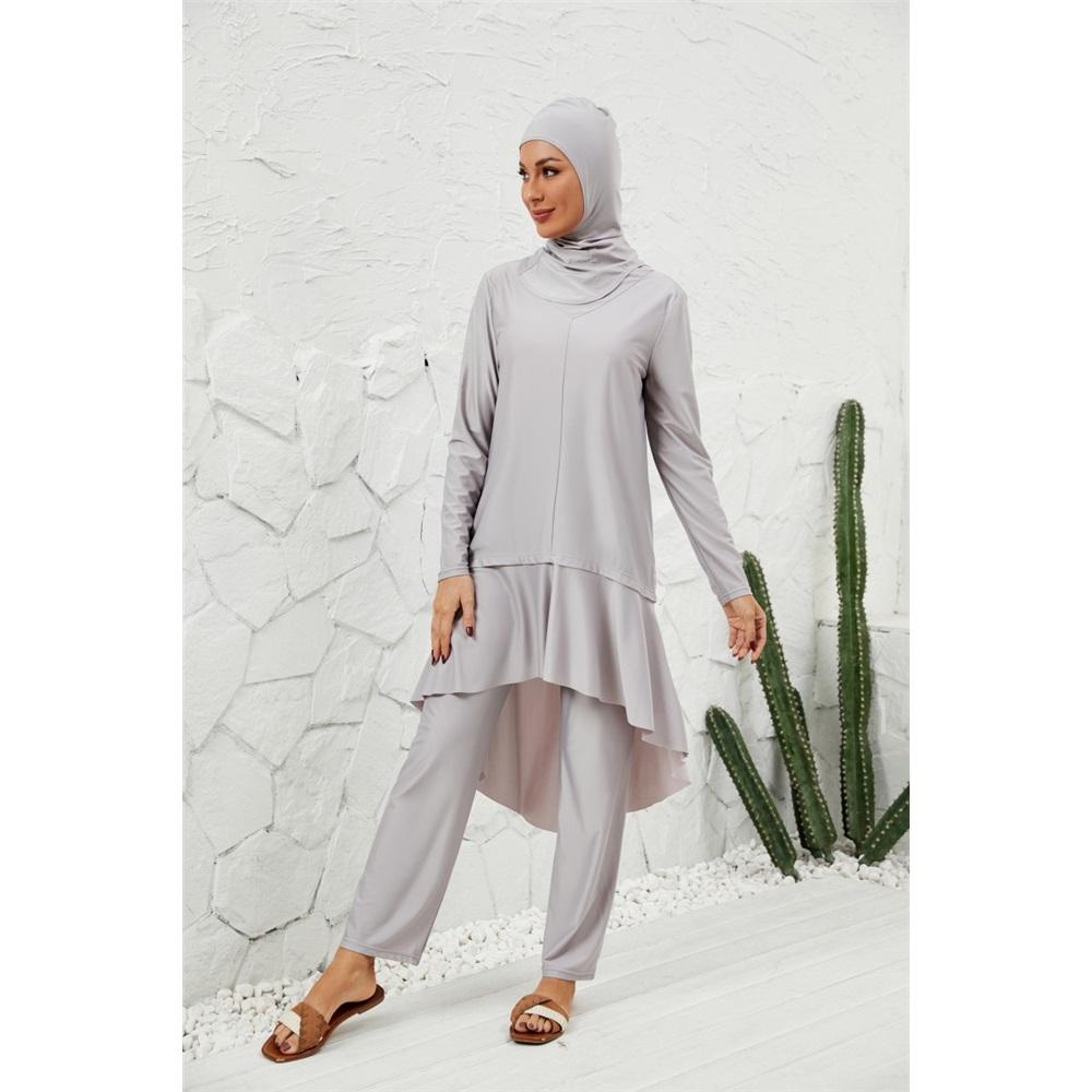 Women's 3-Piece Modest Burkini Swimsuit, Long Sleeve Ruffle Tunic & High Waist Pants with Hijab, Full Coverage Swimwear
