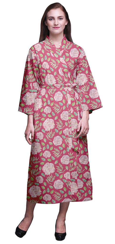 Bimba Light Purple Floral Leaves & Tazetta Daffodils Long Robes For Women Printed Bride Getting Ready Bridesmaid Robes Cotton Bathrobes