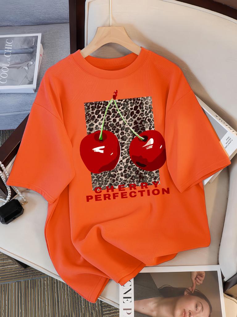 Fashion Leopard And Cherry Perfection Pattern T Shirt Women Summer Soft Tops Cotton All-Match Short Sleeve O-Neck Loose T-Shirts