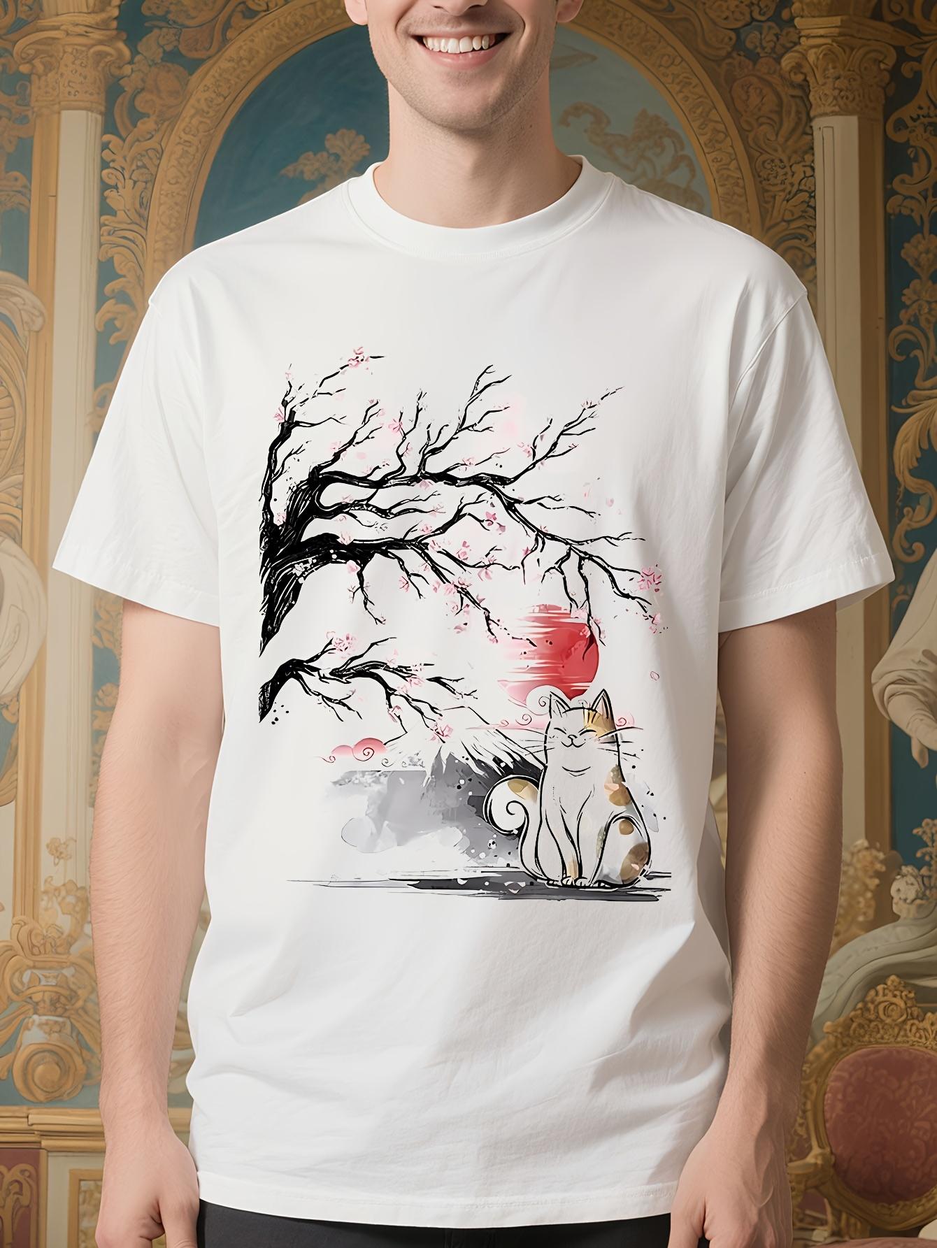Japanese Cat & Sakura Tree Graphic - White Tee with Black Floral branches T-shirt S