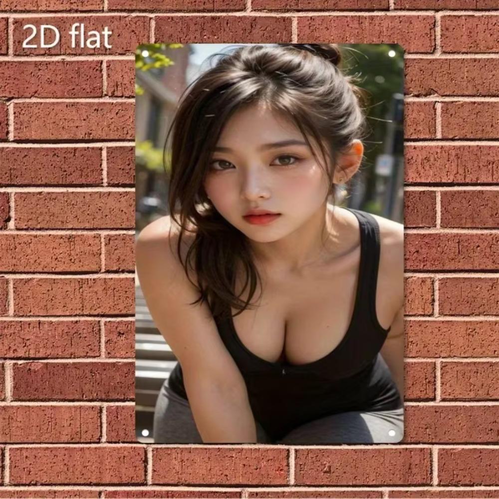 Vintage Metal Wall Sign, 1pc Poster, Korean-Style Female Face & Text, Heavy-Duty Iron
