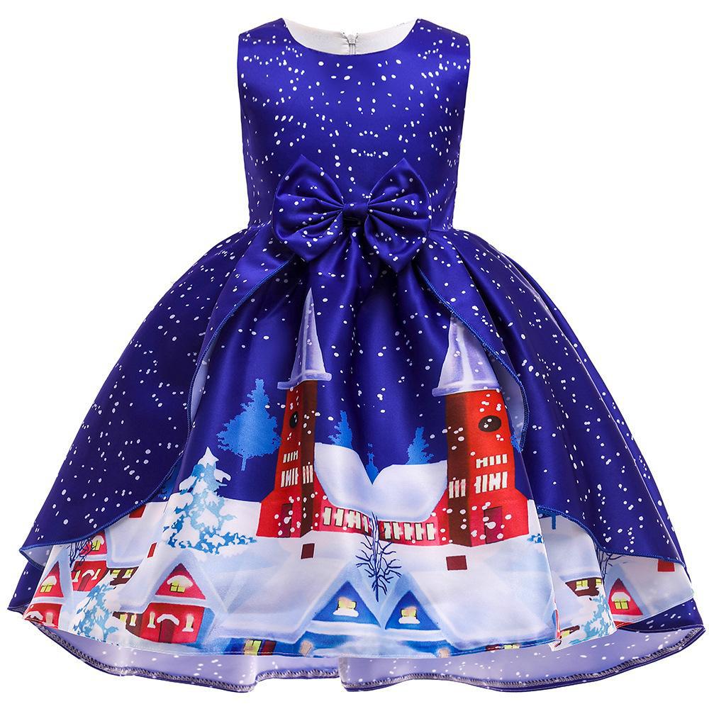 Abito Di Natale Per Bambina Con Stampa Babbo Natale - Manica Lunga In Cotone E Tulle - Taglie 3-7 Anni