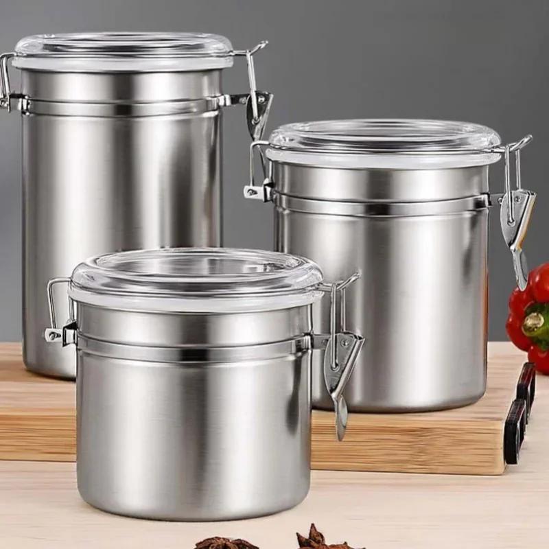 1100/1800mL Stainless Steel Lock Catch Storage Jars Moisture-proof Coffee Bean Scented Tea Bean Kitchen Food Storage Container