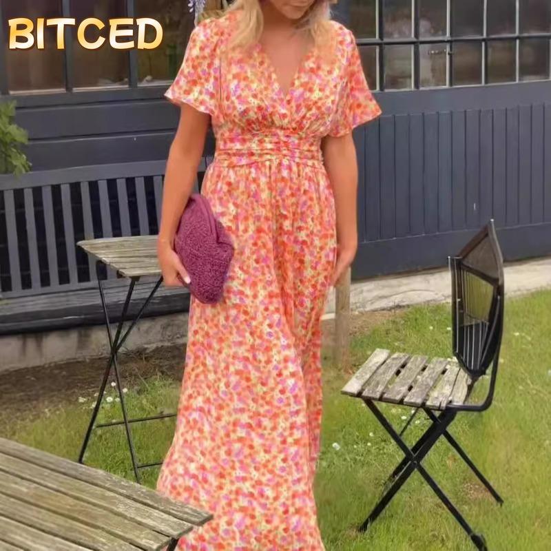 BITCED Kadın Modası Yaz Bahar Kısa Kollu V Yaka Günlük Elbiseler