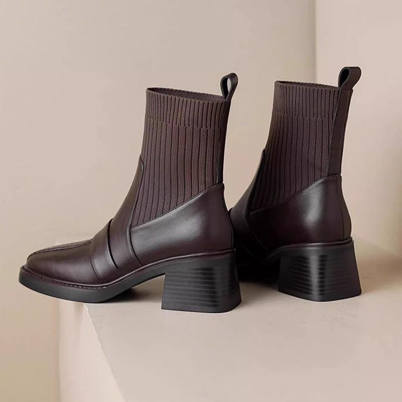 Retro Knitted Tube Thick Heel Short Boots Women's Autumn and Winter New Square Head Soft Leather Thin Boots High Heel Elastic Socks Boots