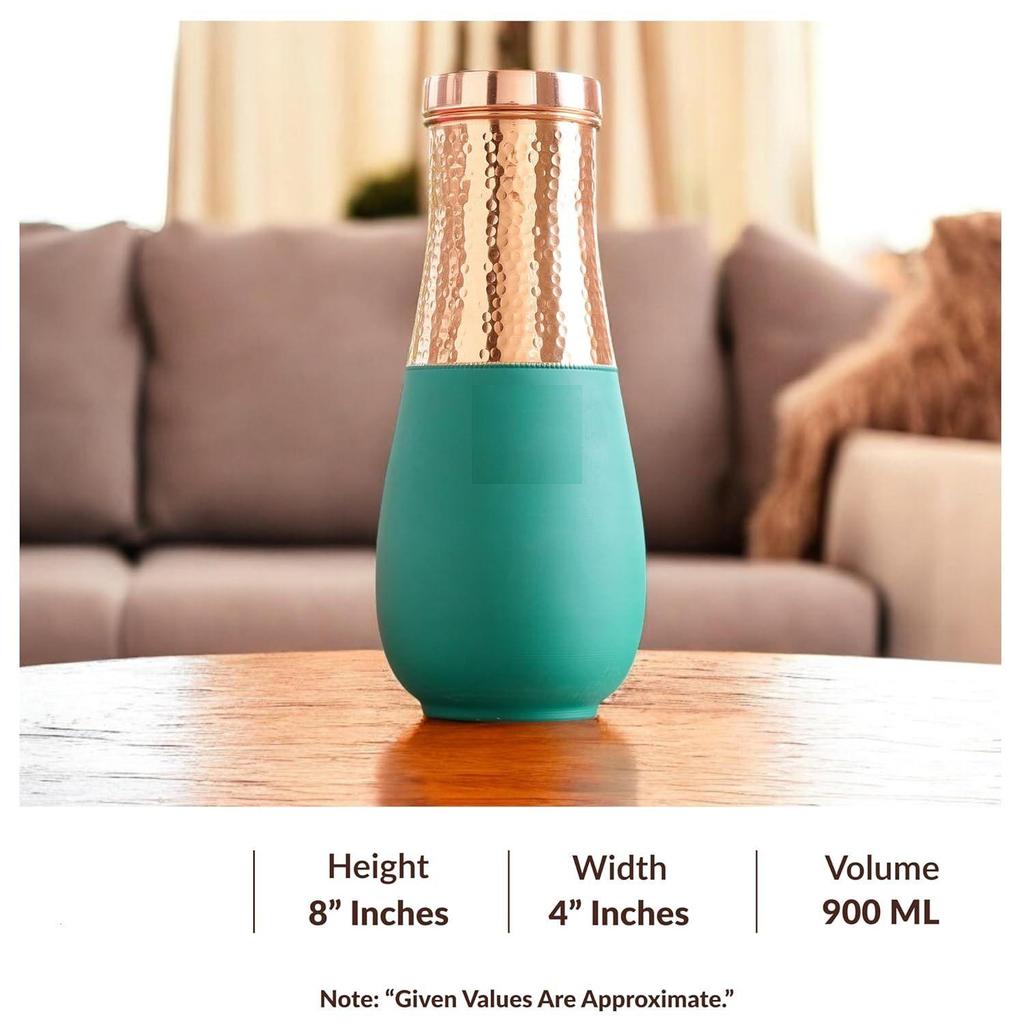 Pure Copper Bedroom Bottle, Vase Design Half Green Silk Half Hammered Finish, Drinkware & Storage Purpose - Volume 1425 Ml