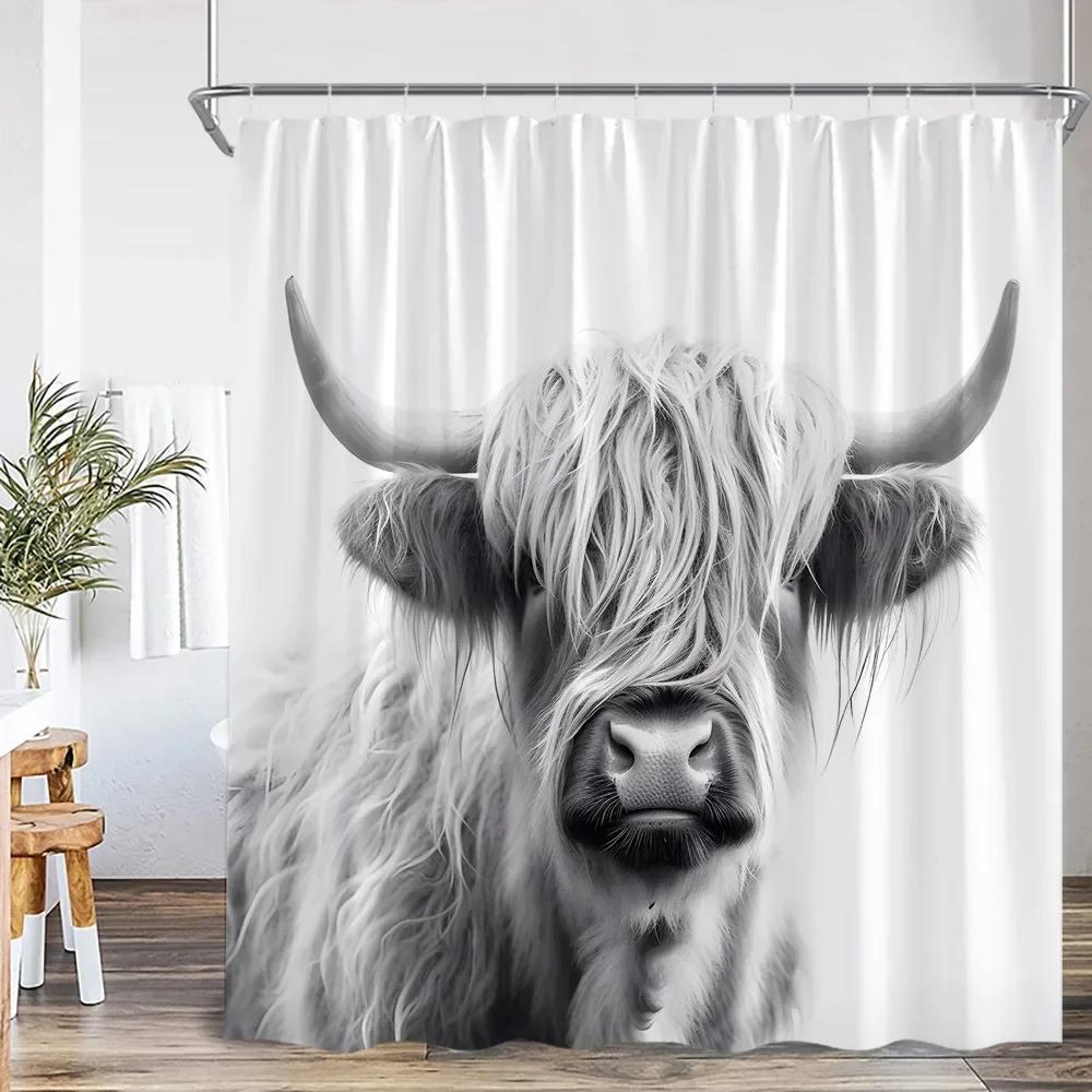 

Cartoon Funny Bath Animal Shower Curtain Highland Cow Print Bathroom Decorations Polyester Shower Curtain W120xH180cm