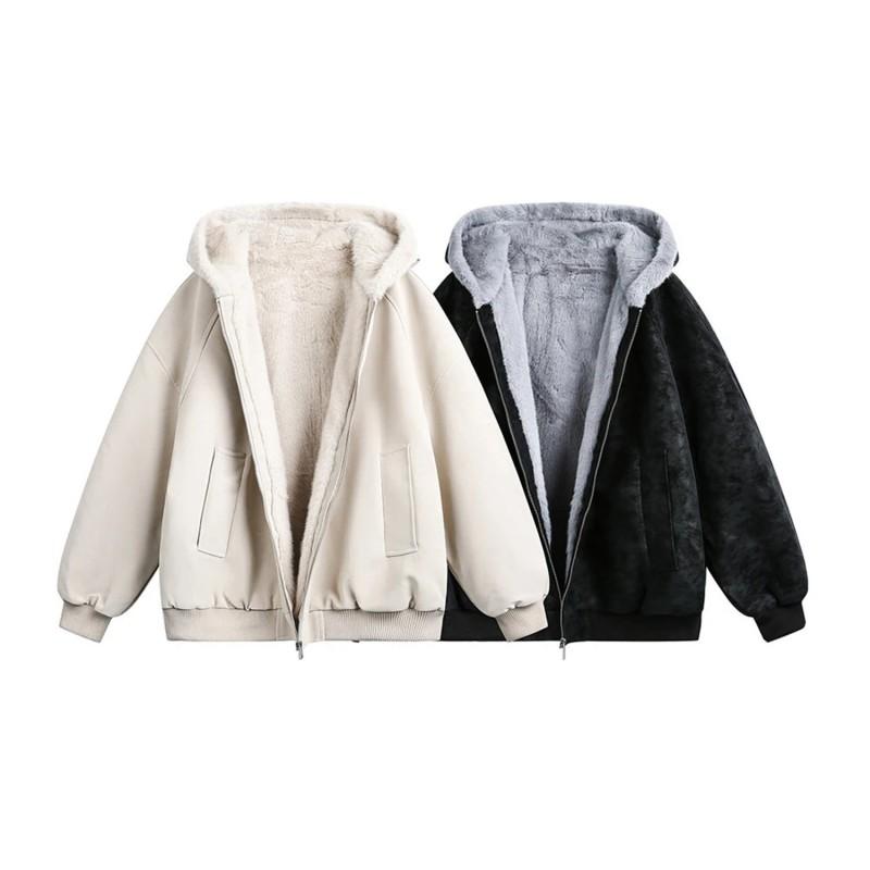 Winter PU Leather Hooded Puffer Jacket Men Women Thick Warm Cotton-Padded Coat With Faux Fur Collar Loose Fit Multiple