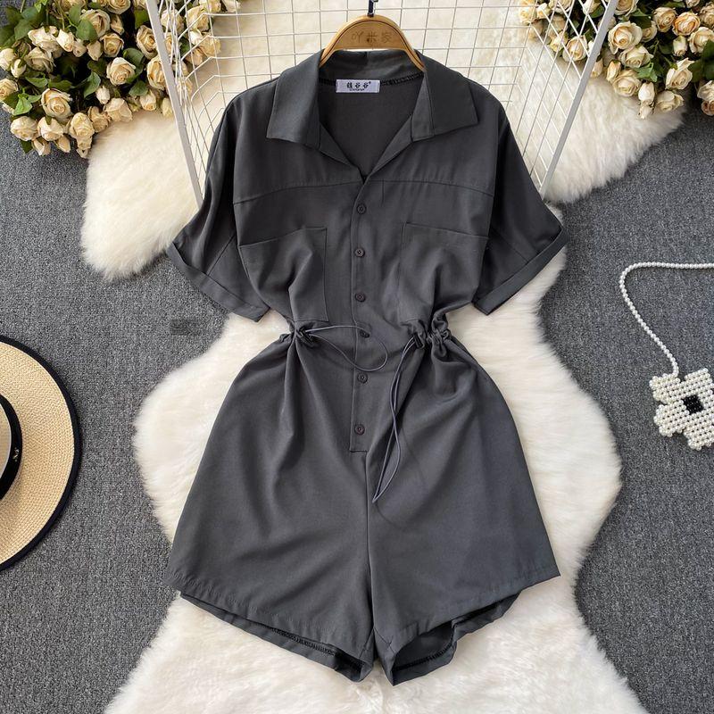 

Lapel and Waist Tight Slimming Drawstring A- line Skirt Short Sleeve Grey All yards