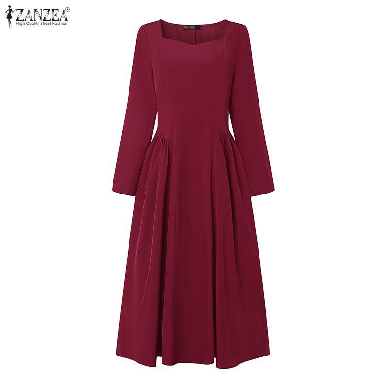ZANZEA Dames Vierkante Hals Lange Mouwen Geplooide Hoge Taille Elegante Feest Midi Jurk
