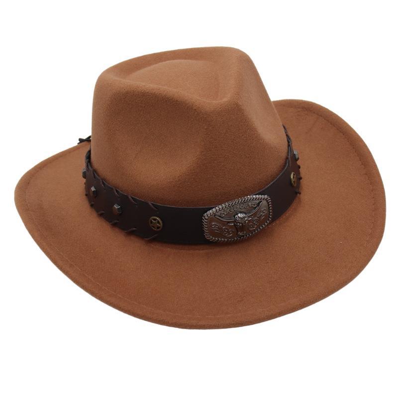 Gekreuztes Stierkopf-Abzeichen Zylinderhut Westlicher Cowboyhut Britischer Jazzhut Nationaler Stil Filzhut Ritterhut Elegant