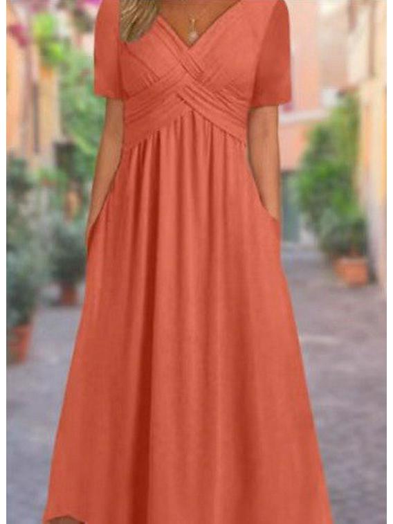 2026 Spring Solid Color V-Neck Short Sleeve Pocket Dress for Women