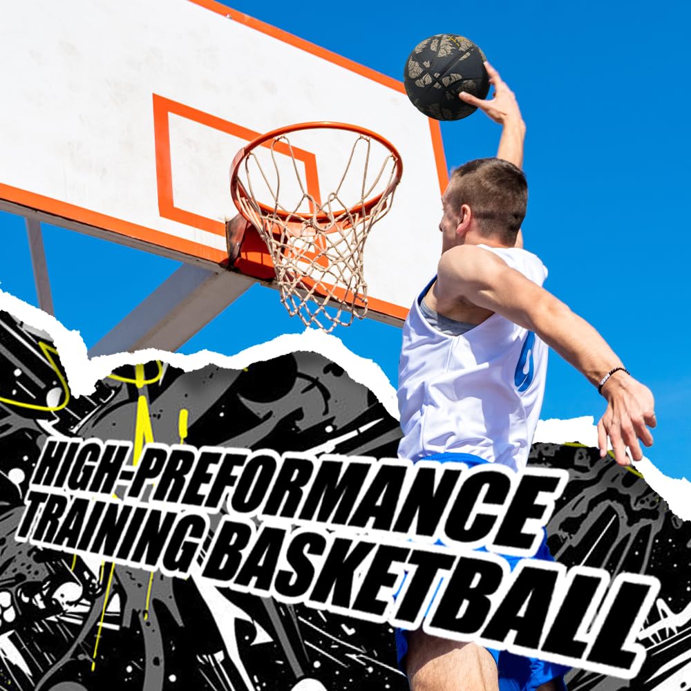 Fantecia Size 5 Rubber Basketball for Junior and Young Black with Circle Line Pattern Basketball, Indoor/Outdoor Players,