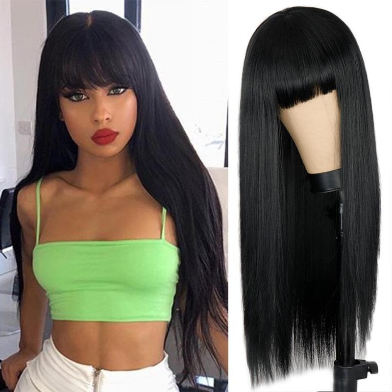 Fashion Long Straight Hair Wig with Bangs Wine Red Synthetic Fiber Wig for Women Daily Wear