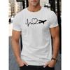 Men's Airplane & Heart Print Short Sleeve T-Shirt - Aviation-Themed Crew Neck Tee , All-Season Comfort Fit, Travel & Casual Attire