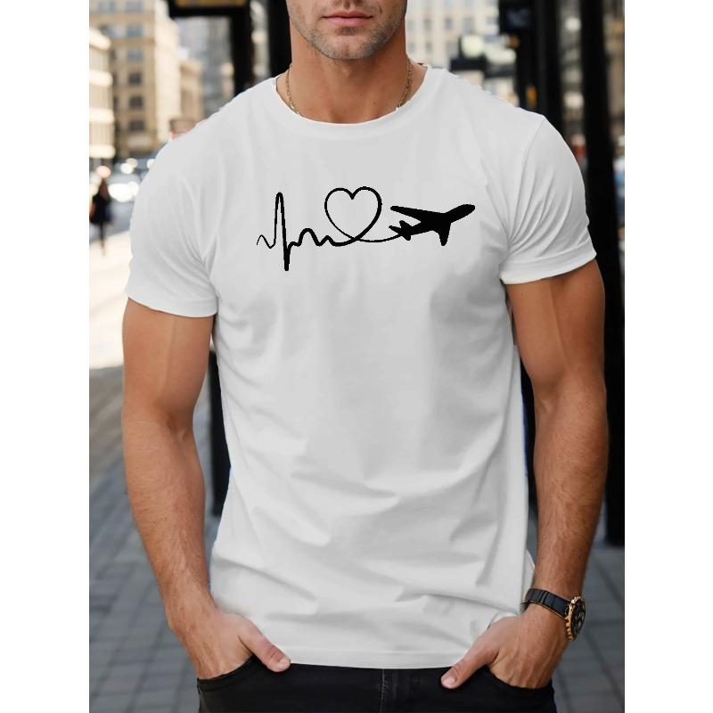 

Мужская футболка с принтом самолетов и сердец, короткий рукав - Футболка с круглым вырезом на авиационную тематику, Всесезонная, удобная посадка, для путешествий и повседневной носки S белый