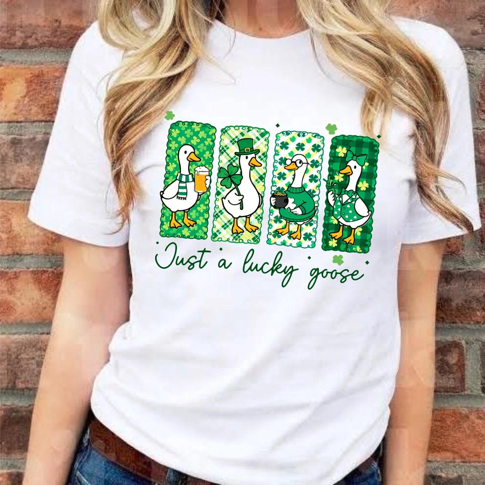 Lucky Goose St Patrick s Day T-Shirt, Irish Shamrock Funny Charm Graphic Tee S