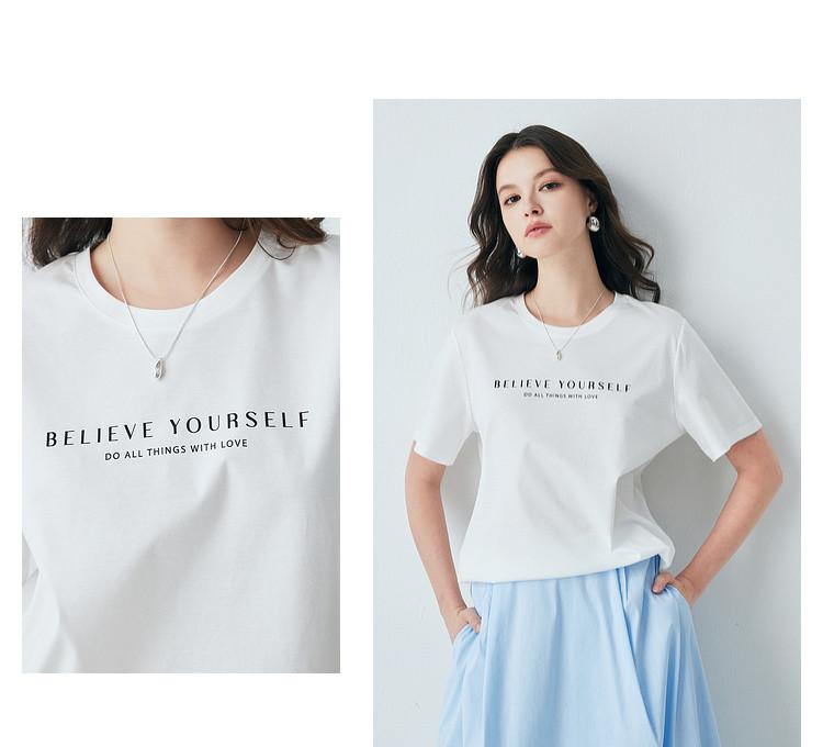 Kostengünstig einschließlich Maulbeerseide: Sommer-Rundhals-T-Shirt mit Buchstabenaufdruck, kurzärmelig, vielseitig, lässig, atmungsaktiv für Damen