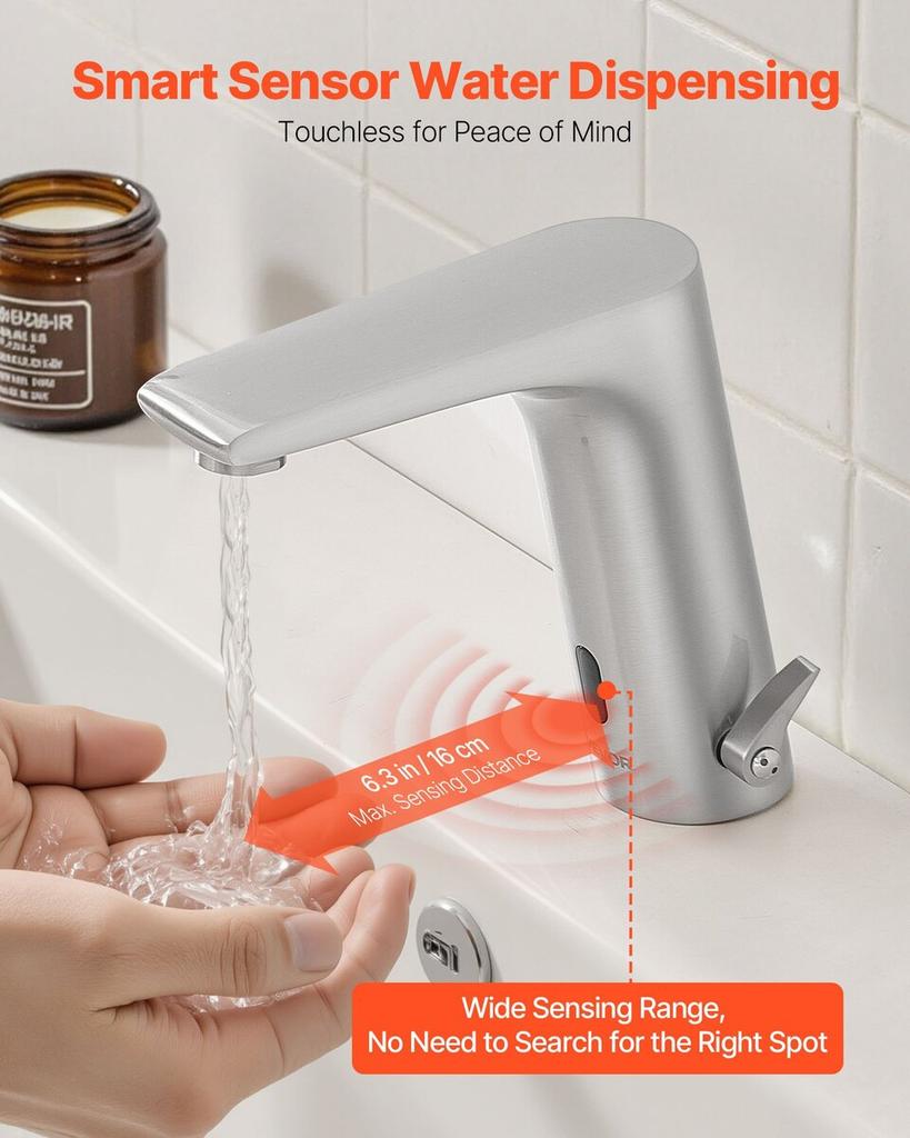 Touchless Bathroom Sink Faucet, Automatic Motion Sensor Restroom Toilet Faucet, HandsFree Adjustable Cold Hot Single Handle Water Mixer Battery