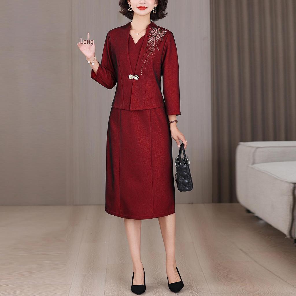 Elegant Rhinestone Two-Piece Dress for Women - 2025 Autumn/Winter Mother-in-Law Wedding Banquet Formal Dress