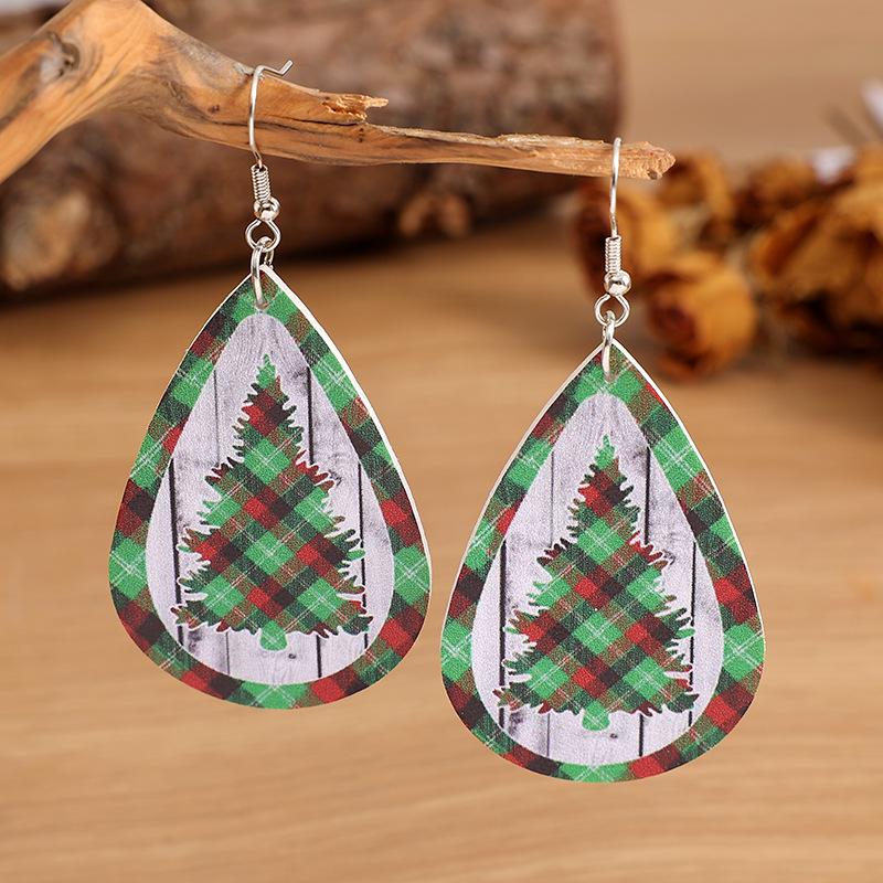 European and American Christmas Tree Plaid PU Leather Earrings for Women