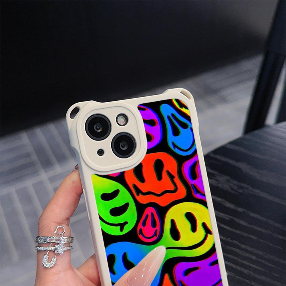 Ae88 Lovely Smiley Art Soft Phone Cases for iPhone 16 15 14 13 12 11 Pro Max XR with Wrist Strap Lanyard Corner Protection Back Cover