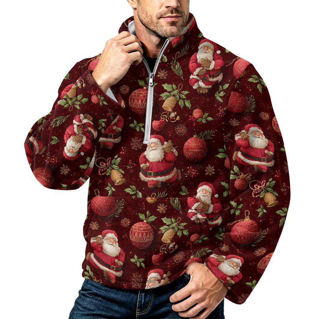 Men's Christmas Print Flannel Zip-Up Sweatshirt with Stand Collar, Plus Size Casual Top for Fall Winter