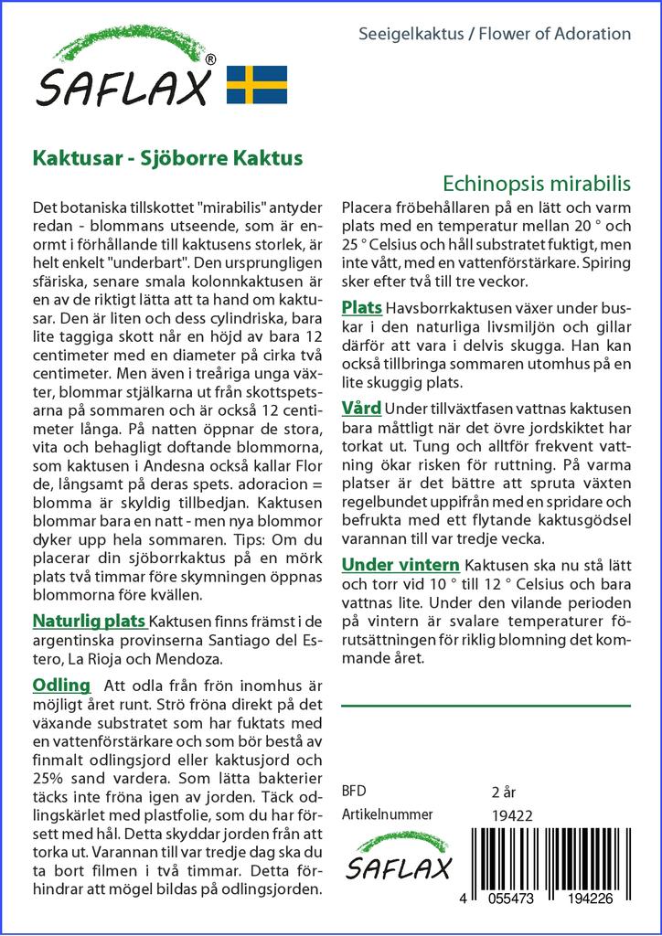 SAFLAX Garden In the Bag - Flower of Adoration - 40 Seeds - With Substrate In a Fitting Stand Up Bag - Echinopsis Mirabilis