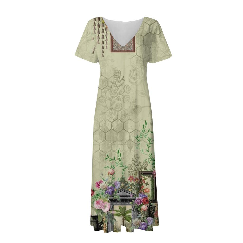 Women's Fashion And All- Summer Temperament V-neck Printed Short-sleeved Dress