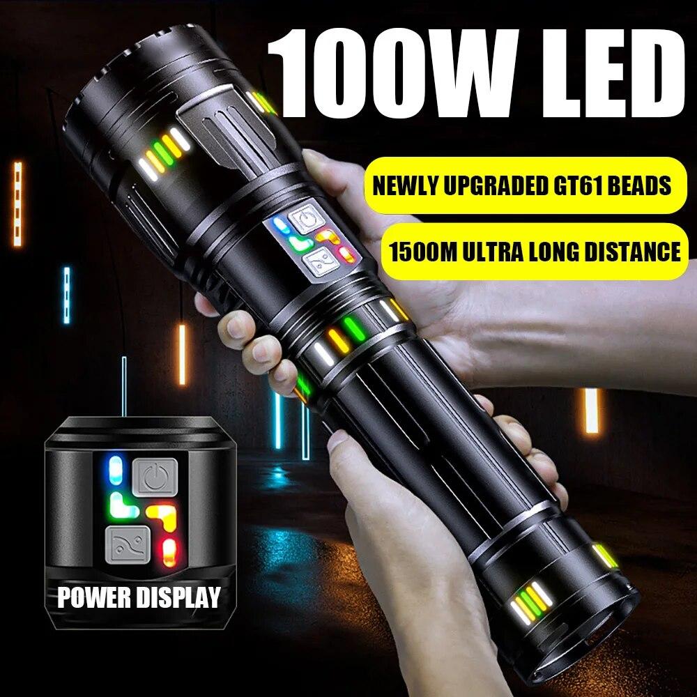 Super Bright Long Range Powerful LED Flashlight Type-C USB Rechargeable LED Torch Outdoor Zoomable Flashlight Power Display