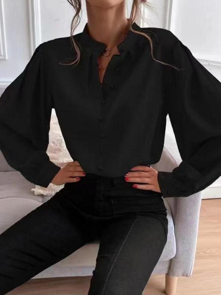 Button Up Elegant Women's Long Sleeve Solid Color Loose Fit Lapel Shirt