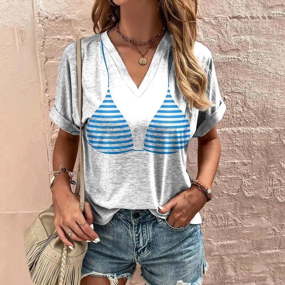 Summer Funny Bikini 3D Print T-shirts Women Casual Fashion Streetwear Short Sleeve V-Neck T Shirt Harajuku Tees Tops Clothing