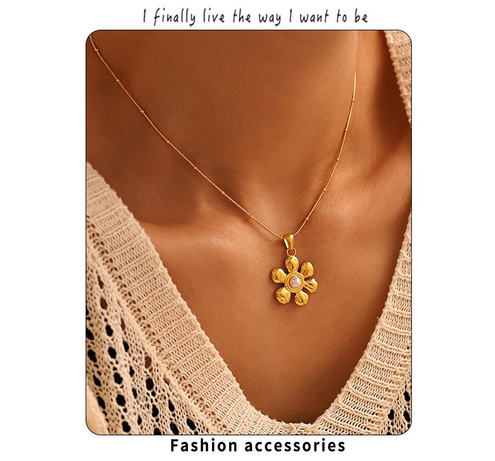 Qiong Yao Sunflower Pearl Pendant Necklace, Gold-Plated Stainless Steel for Women