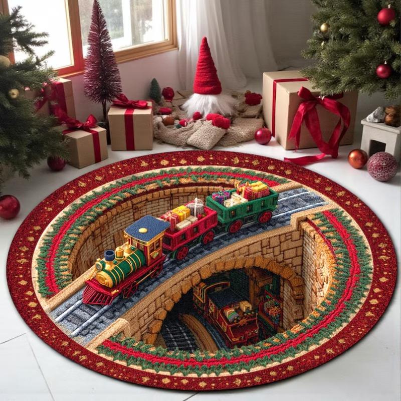 Santa Claus Toys Gifts Christmas Rug 3D Optical Illusion Round Carpet Festive Holiday Decor Santa Rug for Kids Room Winter Home