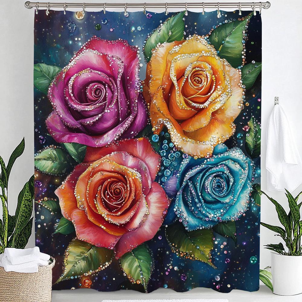 Rosebud Shower Curtain, Floral Plants, Spring Bathroom Decorative Shower Curtain, Waterproof Shower Curtain With Hooks