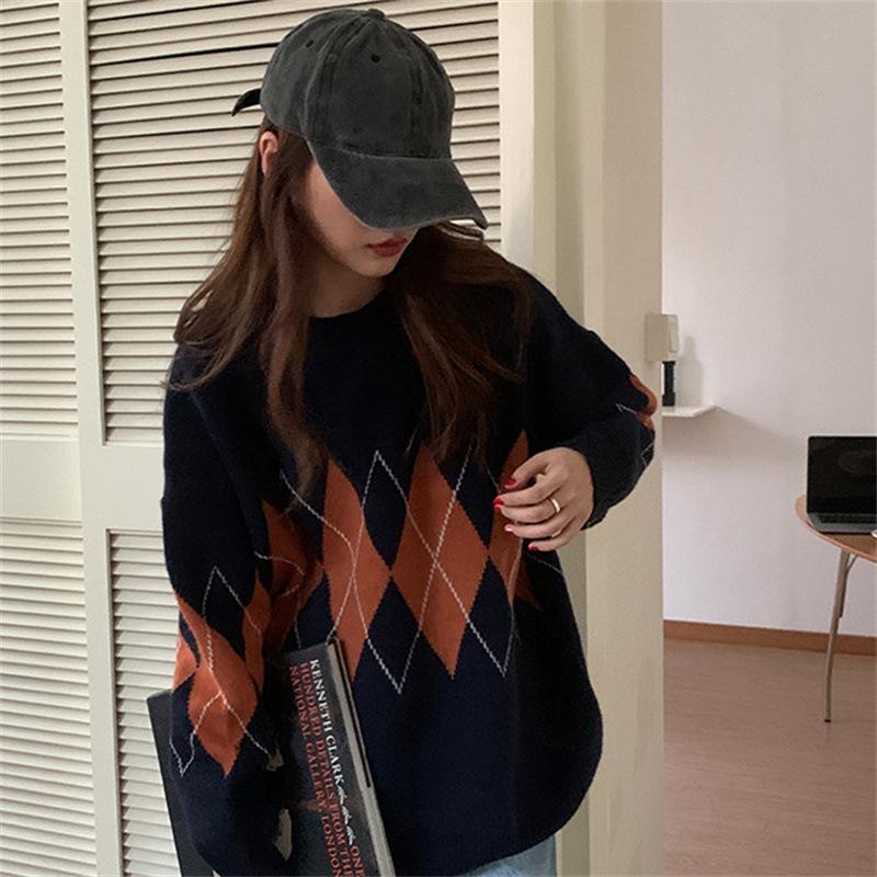 2023 Trendy Women's Diamond Pattern Sweater - Autumn/Winter Lazy Chic Elevated Design
