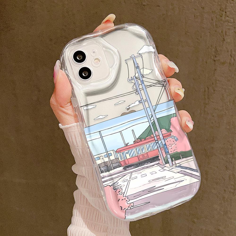 Train landscape illustration for iPhone15promax mobile phone case Apple 14 wave 12/13 soft case 11