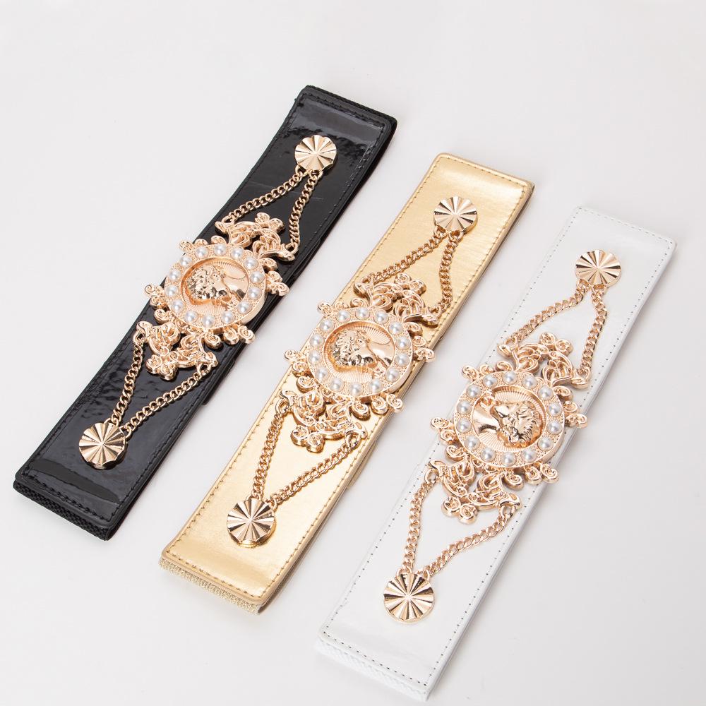 Retro Pearl Beauty Elastic Waistband: Women's Versatile Ultra-Wide Mirror Leather Belt