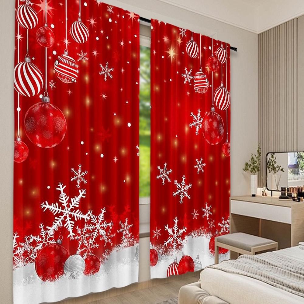 Set Of 2 Flat Printing Christmas Scene Curtains Red Snowflakes Digital Printed Polyester Drapes Birthday Party Use Curtain