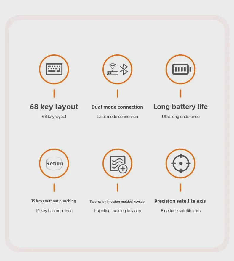 Clavier mécanique sans fil Bluetooth double mode Free Wolf K68, couleur personnalisée, touches de jeu remplaçables à chaud.