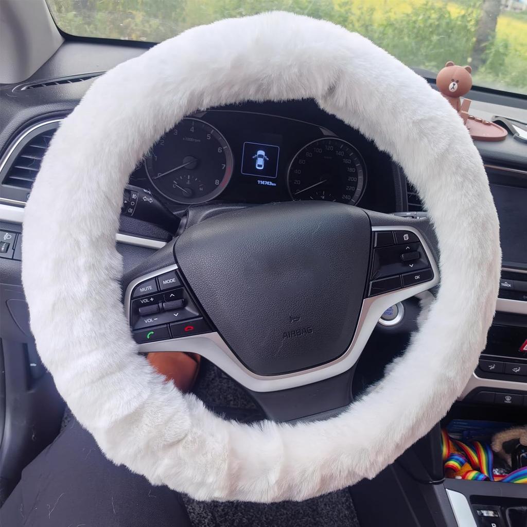 Fluffy Steering Wheel Cover For Women, YUNXNYC Fuzzy Winter Fashion Wool Fur Soft Furry Steering Wheel Covers Warm Plush Non-Slip Car Decoration